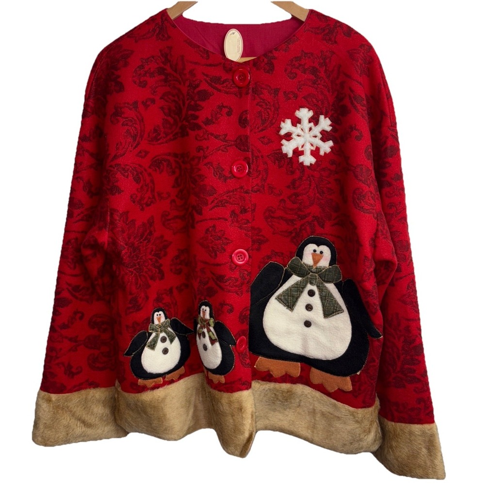 VTG‎ NWT Tii Collections Christmas Jacket OSFM Red Penguin Snowflake Applique